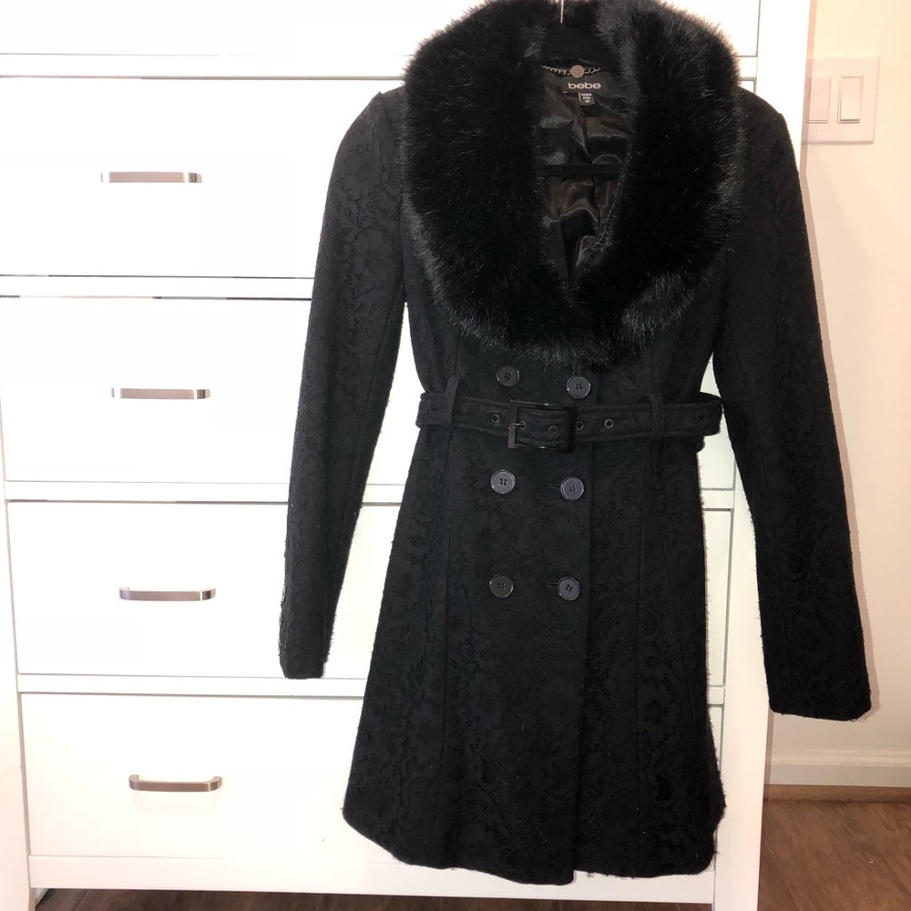 Bebe Lace Coat with Faux Fur Collar